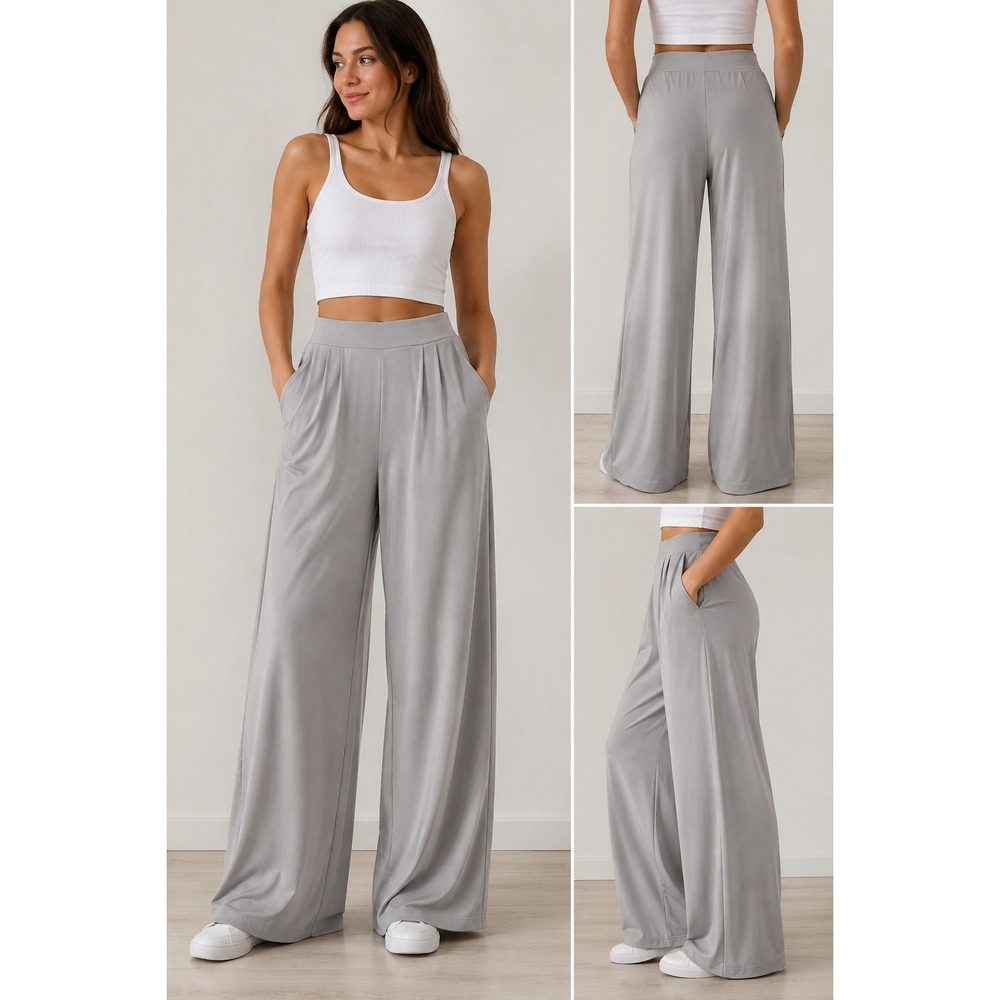 Halara Gray Wide Leg Lounge Pants High Waisted Pockets Stretch Size L Regular
